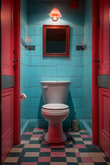 Poster - Bathroom design with geometric tiles and a cool color palette, offering a modern and clean look,