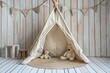 Kids playing in white photo zone with tent, teddy bears, chair. Interior photography