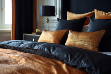 Leinwandbilder - Luxurious bedroom with black silk sheets and golden and bronze decorative pillows,