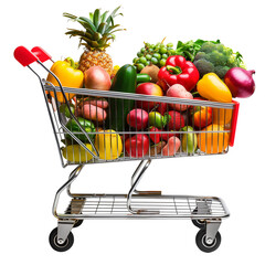 Huge Wire shopping basket with groceries vegetables Grocery cart filled with fruits and vegetables isolated on transparent background shopping concept