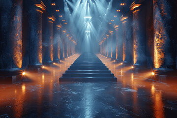 Aufkleber - High-fashion runway with a black glossy floor and golden and bronze lighting,