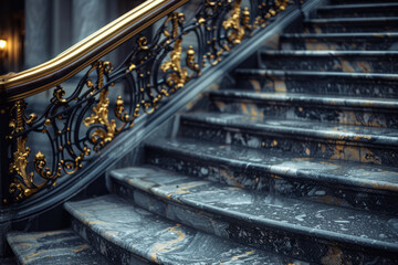 Aufkleber - Elegant staircase with black wrought iron, golden railings, and bronze accents,