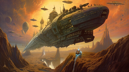 Wall Mural - Space ships battle over alien planet in 80s books style. Retro science fiction illustration.