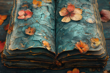 Poster - Book cover design with a complex composition of layers, textures, and a vivid color palette,