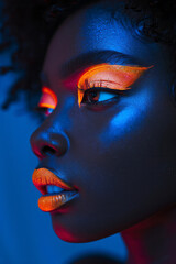 Poster - Bold makeup look featuring neon colors and dramatic, oversized elements,