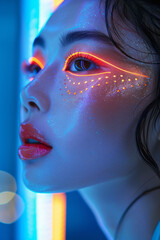 Poster - Bold makeup look featuring neon colors and dramatic, oversized elements,