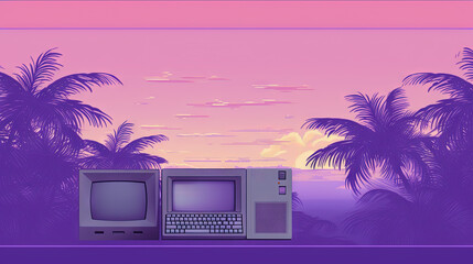 Poster - vaporwave styled scene with computer and palms in purple color