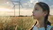 portrait of hopeful young girl gazing at wind turbine symbol of green energy and co2 emission reduction sustainable future