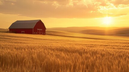 Wall Mural - red barn amidst golden wheat fields at sunset concept of rural serenity