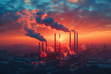 Artistic scene of a thermal power station, with steam rising from cooling towers at sunset,