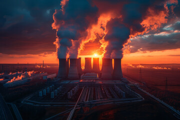 Artistic scene of a thermal power station, with steam rising from cooling towers at sunset,