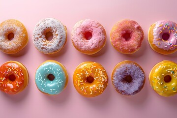 Wall Mural - Delectable donuts, mouthwatering snacks or desserts, culinary masterpieces adorned with sweet powdered sugar, chocolate, biscuit crumbs, and cream.