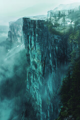 Poster - Illustration of an echo in a mountainous landscape, with sound waves bouncing back from a cliff,