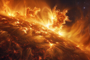 Poster - Abstract art representing the unpredictable nature of solar flares and their impact on space weather,
