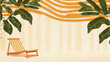 retro tropical beach scene with lounge chair and striped sunshade