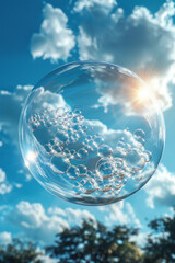 Poster - Illustration of a bubble floating in the air, distorting the image of a sunny sky and clouds within its surface,
