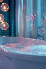 Poster - Abstract art showing a bathtub filled with bubbles, each reflecting a different aspect of the surrounding bathroom,