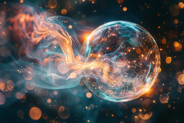 Poster - Diagrammatic illustration of a bubble in zero gravity, with cosmic imagery reflected and warped on its surface,