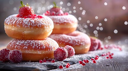 Wall Mural - Mouthwatering donuts, sweet delights for any palate, culinary creations dusted with sweet powdered sugar, chocolate, biscuit crumbs, and cream.