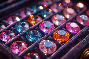 Poster - Visualization of a jewelry box with gemstones acting like prisms, casting colorful reflections on a dark velvet lining,
