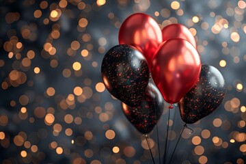 Poster - Elegant red and black balloons filled with glitter floating with a shimmering bokeh background for a festive celebration