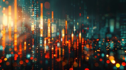 Fototapete - Abstract glowing big data forex candlestick chart on blurry city backdrop. Trade, technology, investment and analysis concept. Double exposure
