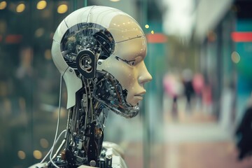 Poster - Detailed view of an advanced humanoid robot head with visible mechanical parts