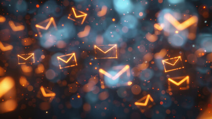 3D render of glowing email icons floating in the air on a dark background with bokeh lights. Digital concept for online messages, mail stamping and business documents