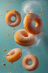 Wall Mural - Mouthwatering donuts, sweet delights for any palate, culinary creations dusted with sweet powdered sugar, chocolate, biscuit crumbs, and cream.