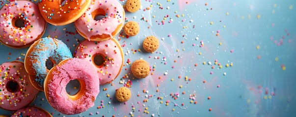 Wall Mural - Mouthwatering donuts, sweet delights for any palate, culinary creations dusted with sweet powdered sugar, chocolate, biscuit crumbs, and cream.