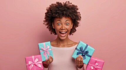 Wall Mural - Woman Delighted with Colorful Gifts