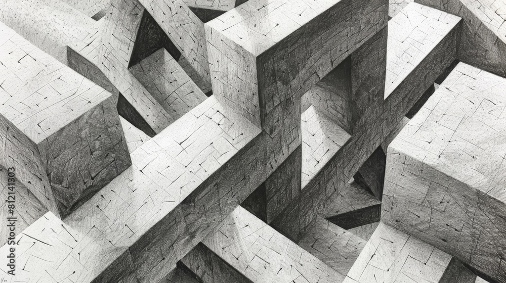 The image is a black and white drawing of a complex structure made of ...