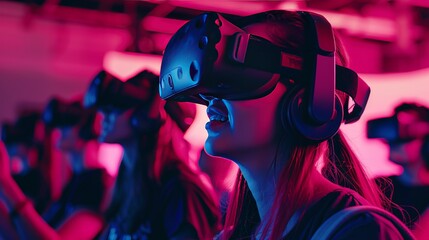 Wall Mural - the rise of virtual reality (VR) technology in entertainment and gaming, with an image of people wearing VR headsets immersed in a virtual world