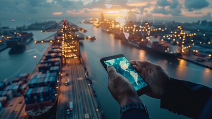 Poster - Businessman touching smartphone for analyze stock at logistics port and world map and online goods orders ,logistics network import export transportation trading business concept