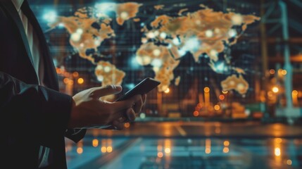 Poster - Businessman touching smartphone for analyze stock at logistics port and world map and online goods orders ,logistics network import export transportation trading business concept