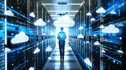 Wall Mural - the role of cloud computing in business operations, with an image of data being stored and accessed remotely through cloud services