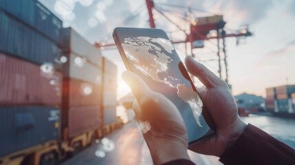 Leinwandbilder - Businessman touching smartphone for analyze stock at logistics port and world map and online goods orders ,logistics network import export transportation trading business concept