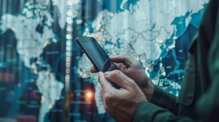 Poster - Businessman touching smartphone for analyze stock at logistics port and world map and online goods orders ,logistics network import export transportation trading business concept