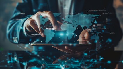 Poster - Businessman touching smartphone for analyze stock at logistics port and world map and online goods orders ,logistics network import export transportation trading business concept