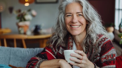 Canvas Print - Smiling Woman Holding Coffee Mug