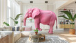 Lifelike, vivid pink elephant brings a surreal element to a contemporary living space, creating a striking focal point in an otherwise ordinary setting