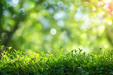 Poster - A fresh spring sunny garden background of green grass and blurred foliage bokeh.