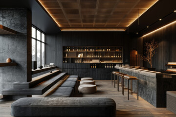 Modern home bar with elegant dark wood and ambient lighting.