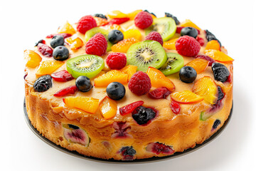 Delicious cake with fruit and berries decoration on table