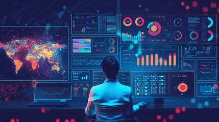 Poster - Data science and big data technology. Scientist computing, analysing and visualizing complex data set on computer. Data mining, artificial intelligence, machine learning, business analytics
