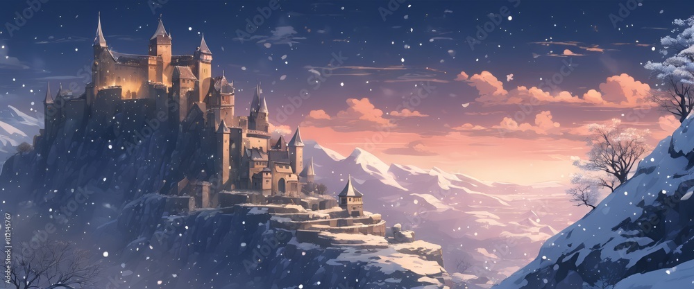 Medieval Fantasy Castle in the Snowy Blue Night Sky Anime Fantasy Style ...