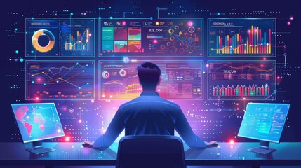 Poster - Data science and big data technology. Scientist computing, analysing and visualizing complex data set on computer. Data mining, artificial intelligence, machine learning, business analytics
