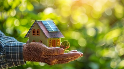 Wall Mural - A Hand Holding Solar-Powered House