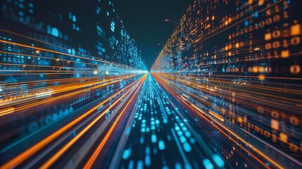 Leinwandbilder - Digital data flow on road with motion blur to create vision of fast speed transfer . Concept of future digital transformation , disruptive innovation and agile