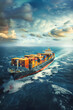 Cargo container ship sailing across the ocean under a dramatic sky, symbolizing global trade and maritime transportation efficiency